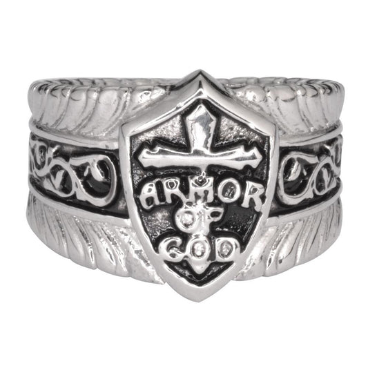 Gents' Armor Of God Shield Ring Stainless Steel Motorcycle Jewelry