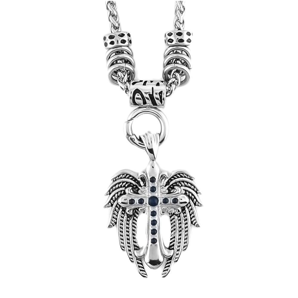 Women's Angel Wing &amp; Cross Black Bling Pendant with 4mm Foxtail Necklace 19" Stainless Steel