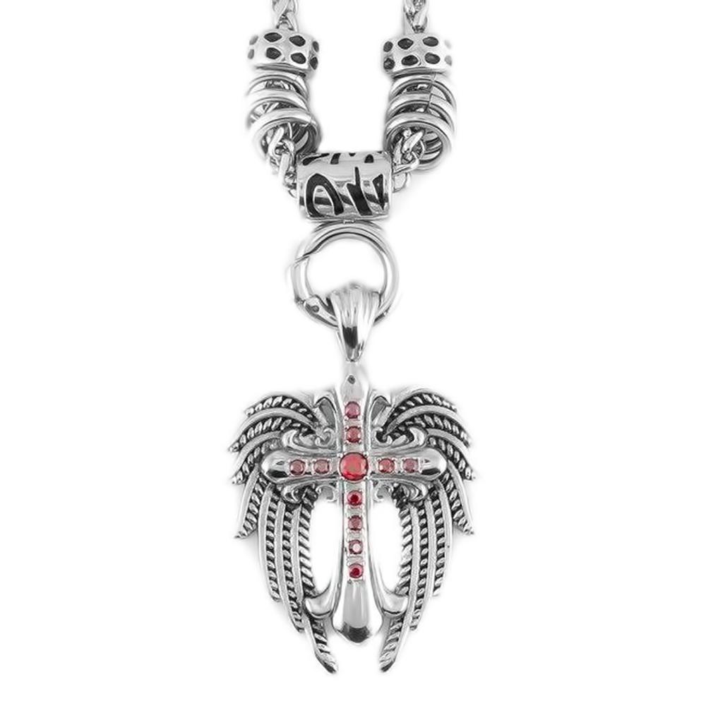 Women's Angel Wing &amp; Cross Red Bling Pendant with 4mm Foxtail Necklace Necklace 19" Stainless Steel $60.00