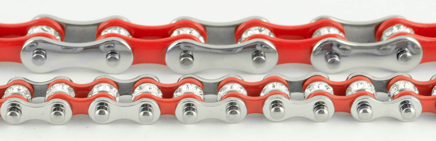 3/8" Wide MiniTwo Tone Silver Red with White Crystal Centers Stainless Steel Motorcycle Bike Chain Bracelet