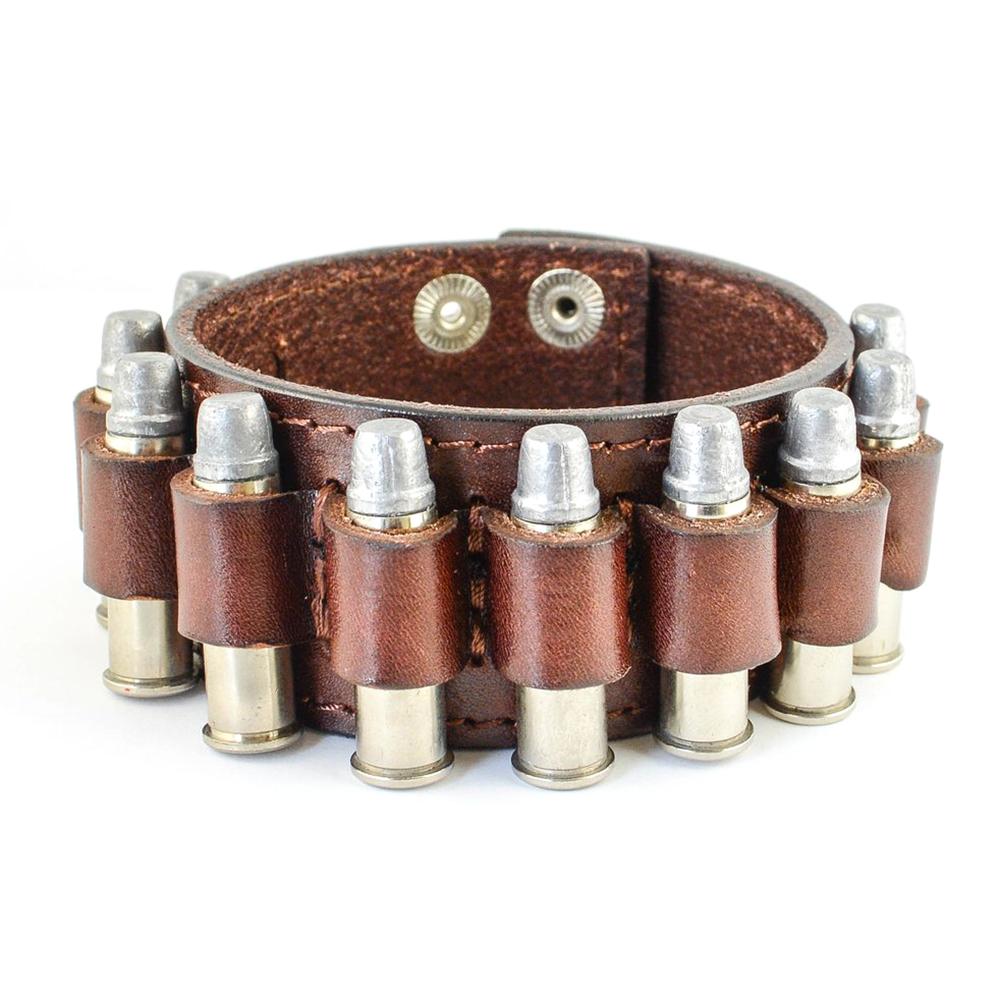 Men's Bullet Leather Bracelet BROWN Adjustable 8.5" 9"
