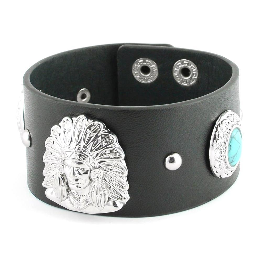 Men's Indian Head &amp; Imitation Turquoise Leather Bracelet