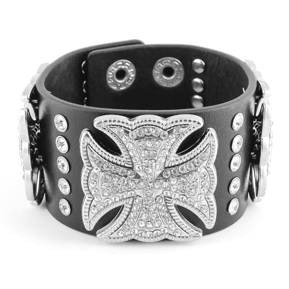 Woman's Bling Cross Leather Bracelet