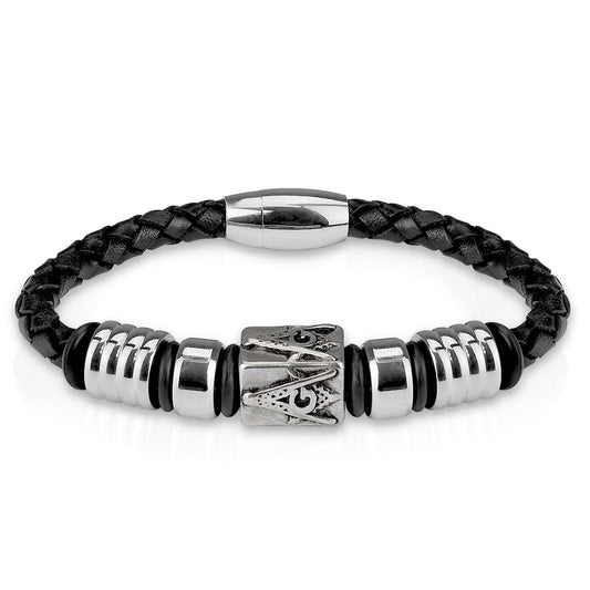 Black Leather Masonic Bracelet with Magnetic Clasp (Stainless Steel)