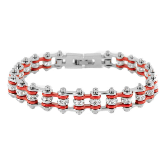 3/8" Wide MiniTwo Tone Silver Red with White Crystal Centers Stainless Steel Motorcycle Bike Chain Bracelet