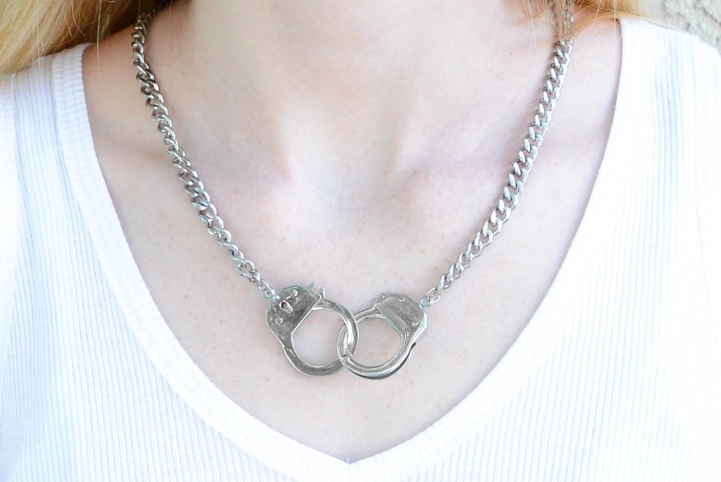 Women's Hand Cuff Necklace 19" Real Working Cuffs Stainless Steel Motorcycle Jewelry