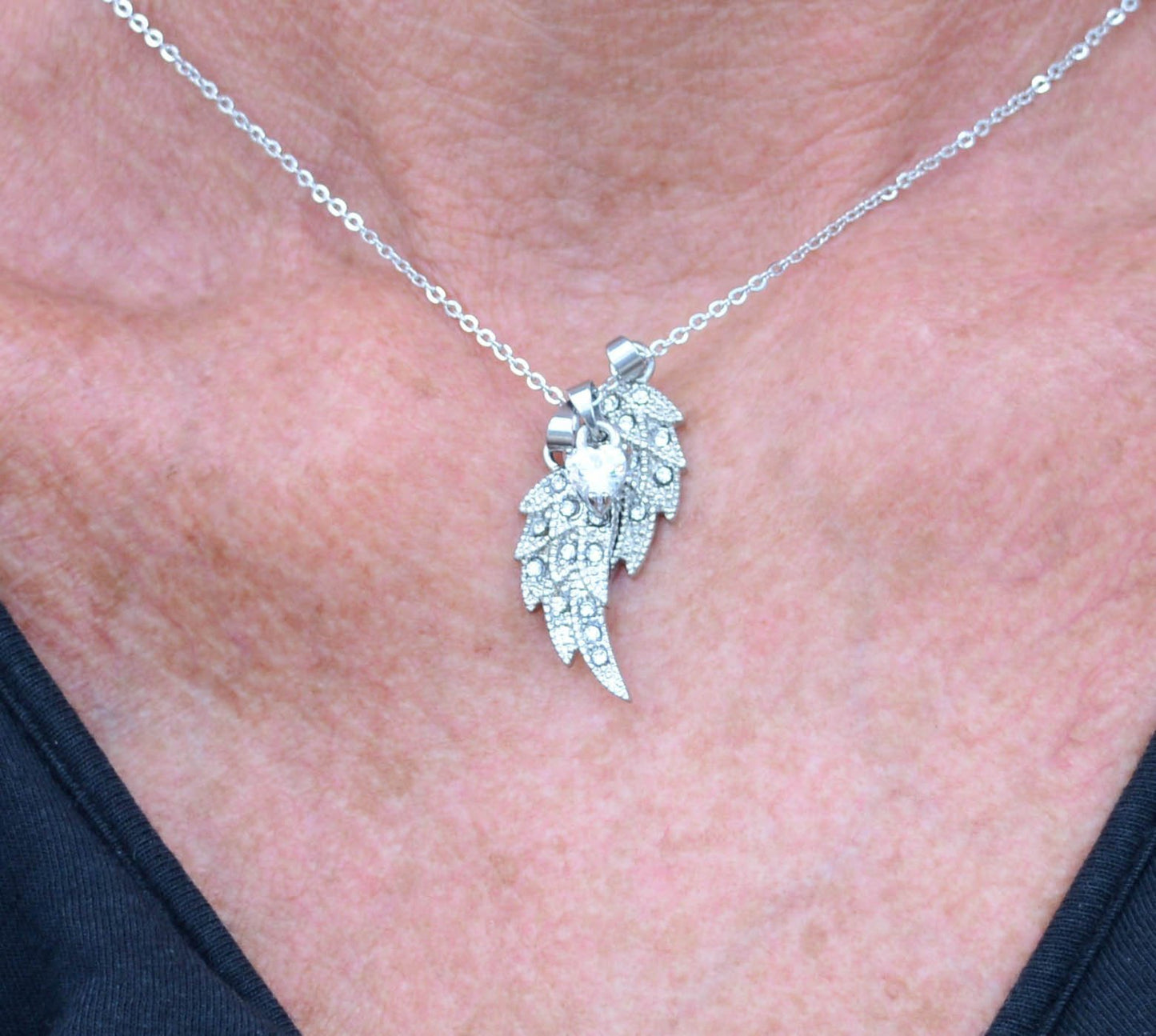 Women's Double Angel Wing Crystal Heart Shaped Center Stone Necklace 19" 1 1/2" Wide Stainless Steel Motorcycle Jewelry