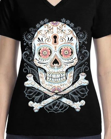 Badass Jewelry Floral Skull Ladies' Black T-shirt