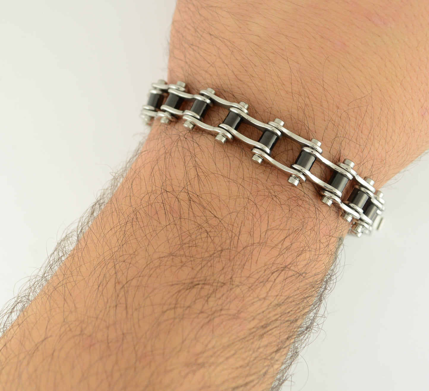 1/2" Wide Two Tone Silver Black Rollers Stainless Steel Motorcycle Bike Chain Bracelet 