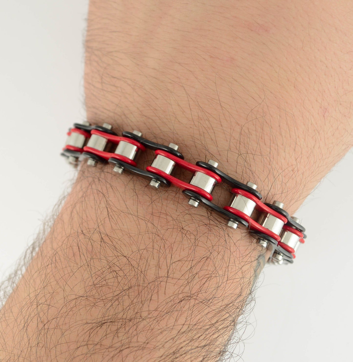 1/2" Wide Tri-Color Black Red Silver Original Design Stainless Steel Motorcycle Bike Chain Bracelet