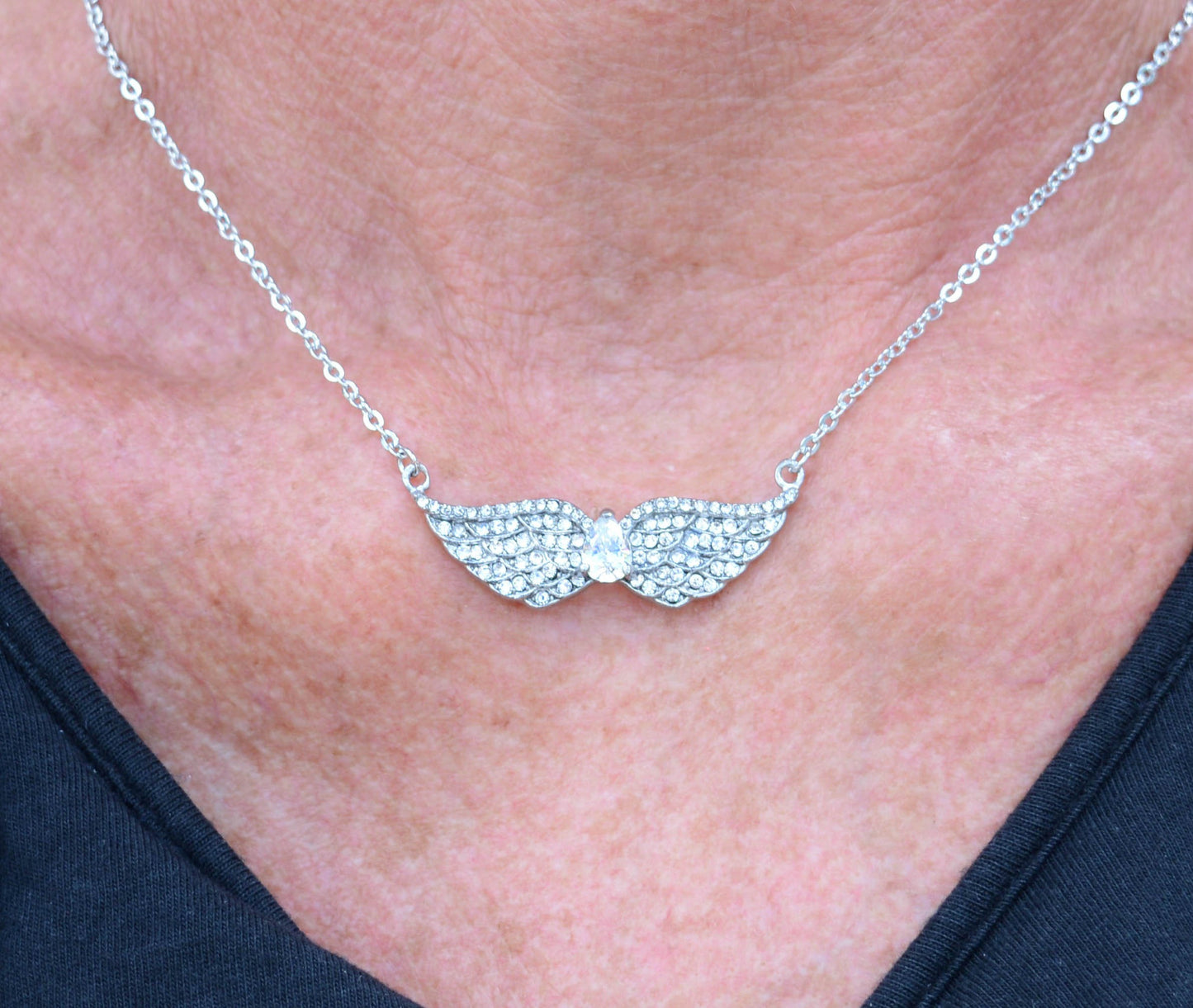 Women's Double Angel Wing Crystal Pear Shaped Center Stone Necklace 19" 1 1/2" Wide Stainless Steel Motorcycle Jewelry