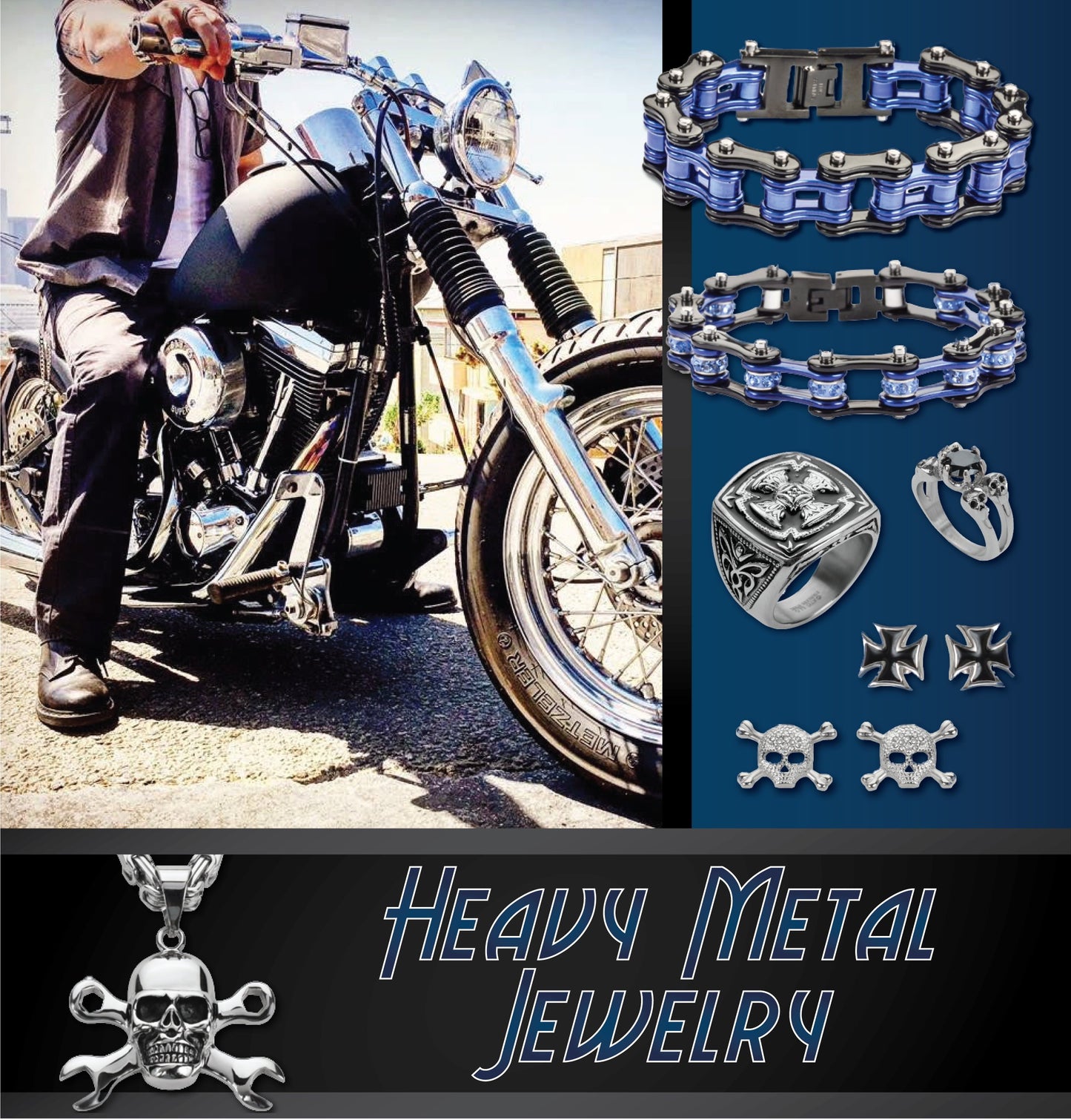 All Blue 1" WideUnisex Stainless Steel Motorcycle Chain Bracelet