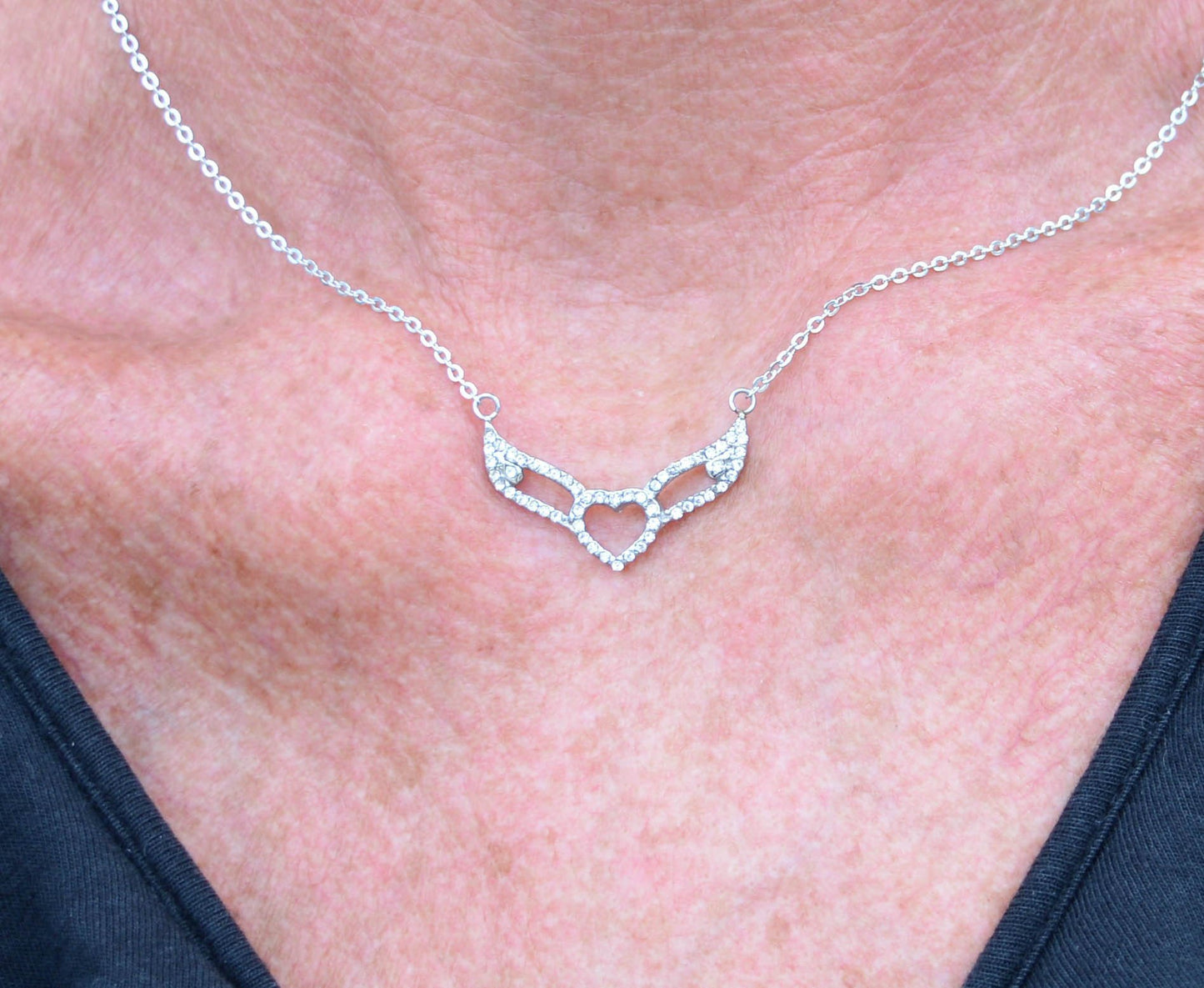 Women's Crystal Double Angel Wing Outline Necklace 19" 1 1/4" Wide Stainless Steel Motorcycle Jewelry