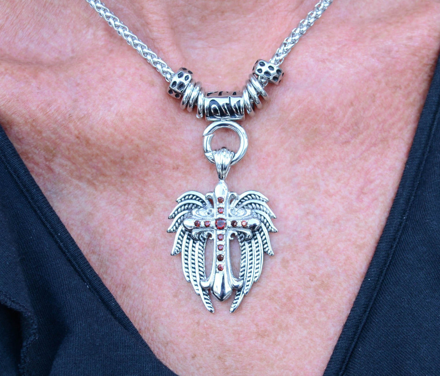 Women's Angel Wing &amp; Cross Red Bling Pendant with 4mm Foxtail Necklace Necklace 19" Stainless Steel $60.00