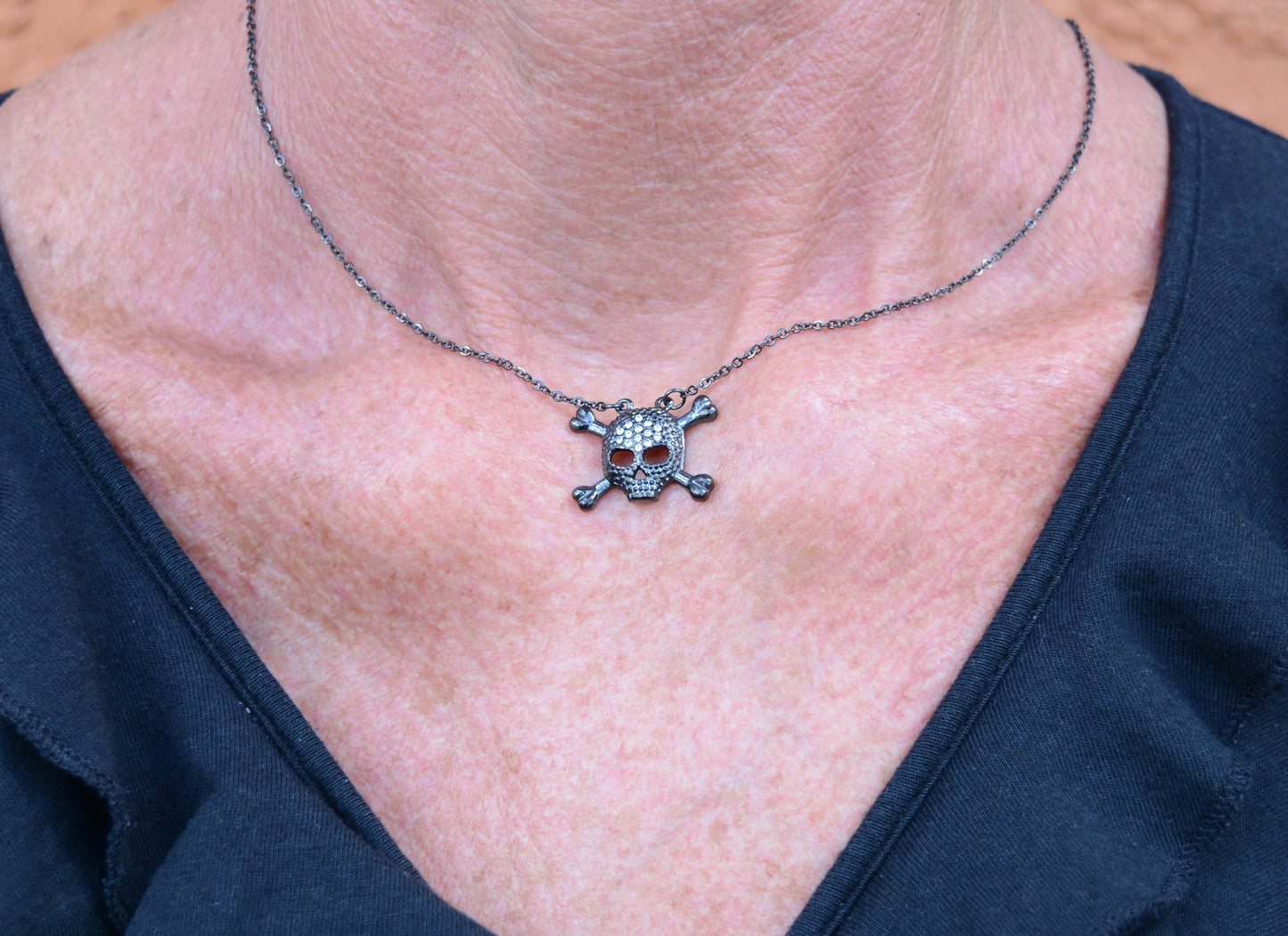 Women's Small Black Bones Crystal Bling Necklace 19"  1/2" Tall Stainless Steel Motorcycle Jewelry
