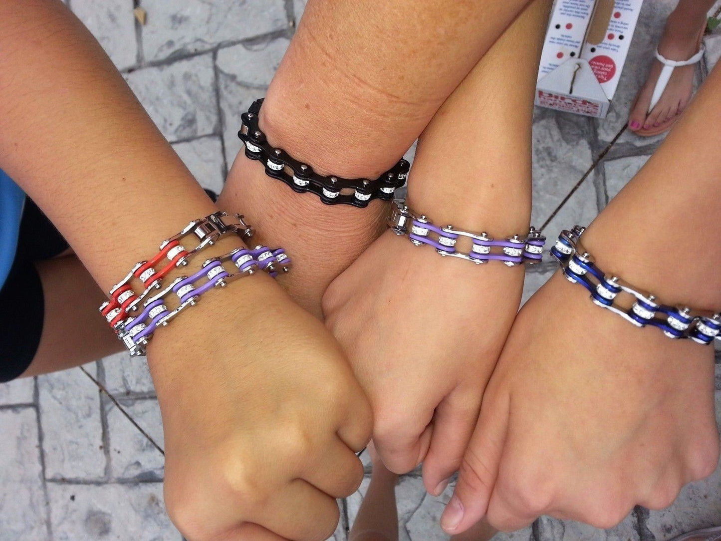 1/2" Wide All Black with White Crystal Centers Stainless Steel Motorcycle Bike Chain Bracelet