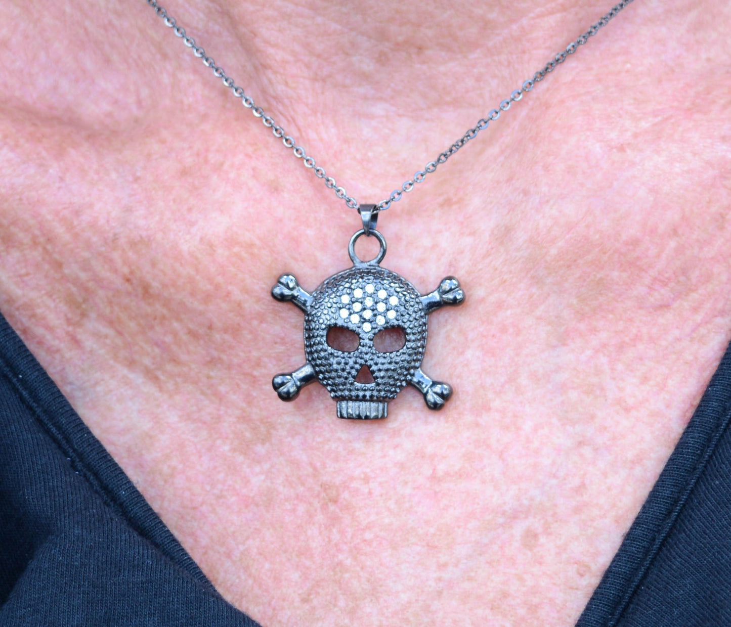 Women's Big Black Bones Crystal Bling Necklace 19" 1" Tall Stainless Steel Motorcycle Jewelry