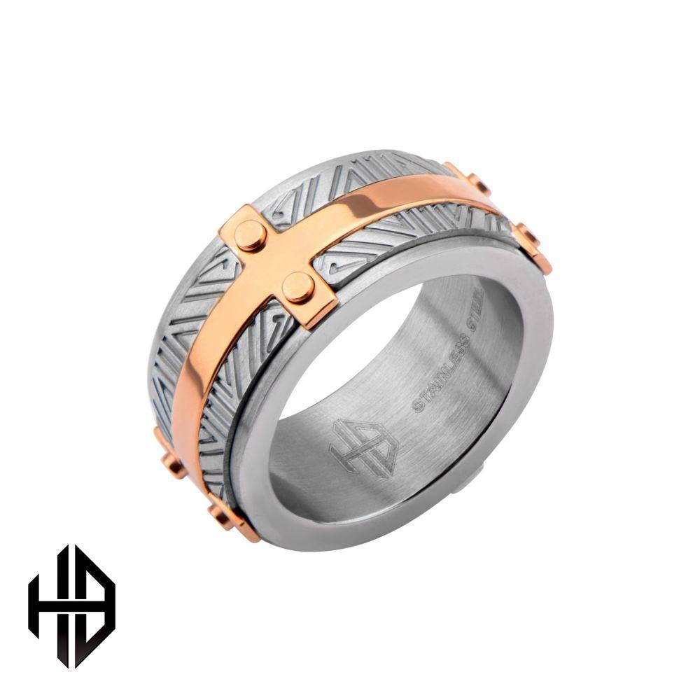 Hollis Bahringer Men's Rose Gold IP Bar Accent with Gray Steel Labyrintine Ring