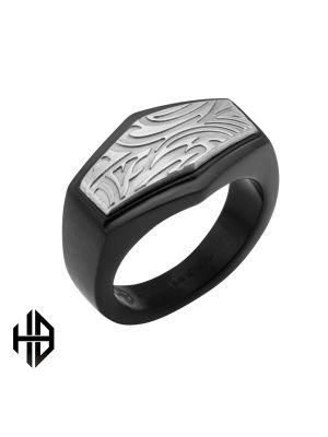 Hollis Bahringer Black IP Frame with Steel Grooves and Crests Ring