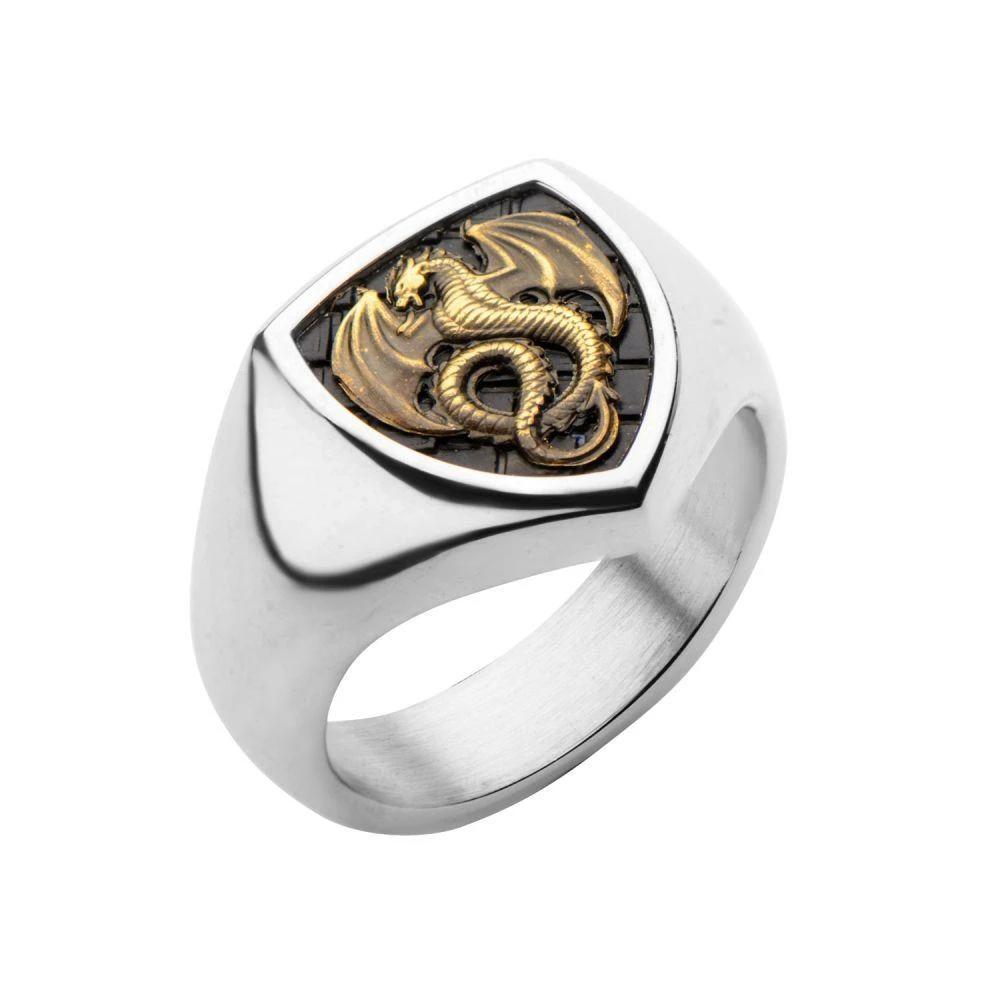 Hollis Bahringer Men's Antique Stamped Brass Dragon and Stainless Steel Polished Ring