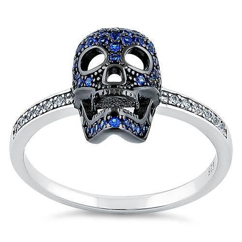 Sterling Silver Black Rhodium Two Tone Blue Spinel CZ Skull Ring