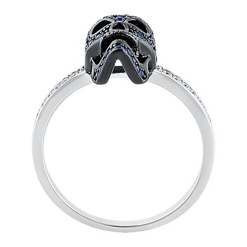 Sterling Silver Black Rhodium Two Tone Blue Spinel CZ Skull Ring