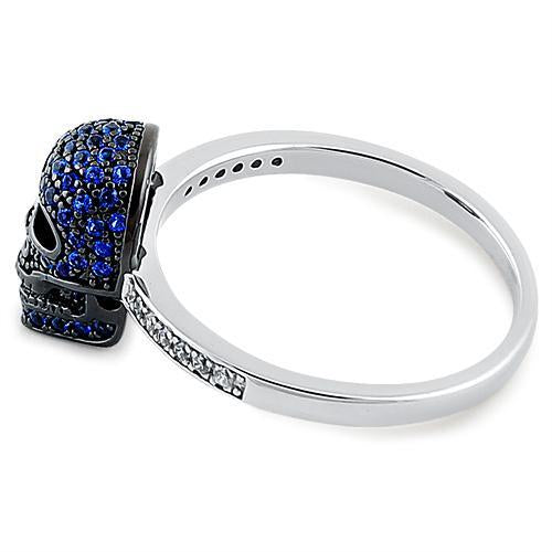 Sterling Silver Black Rhodium Two Tone Blue Spinel CZ Skull Ring