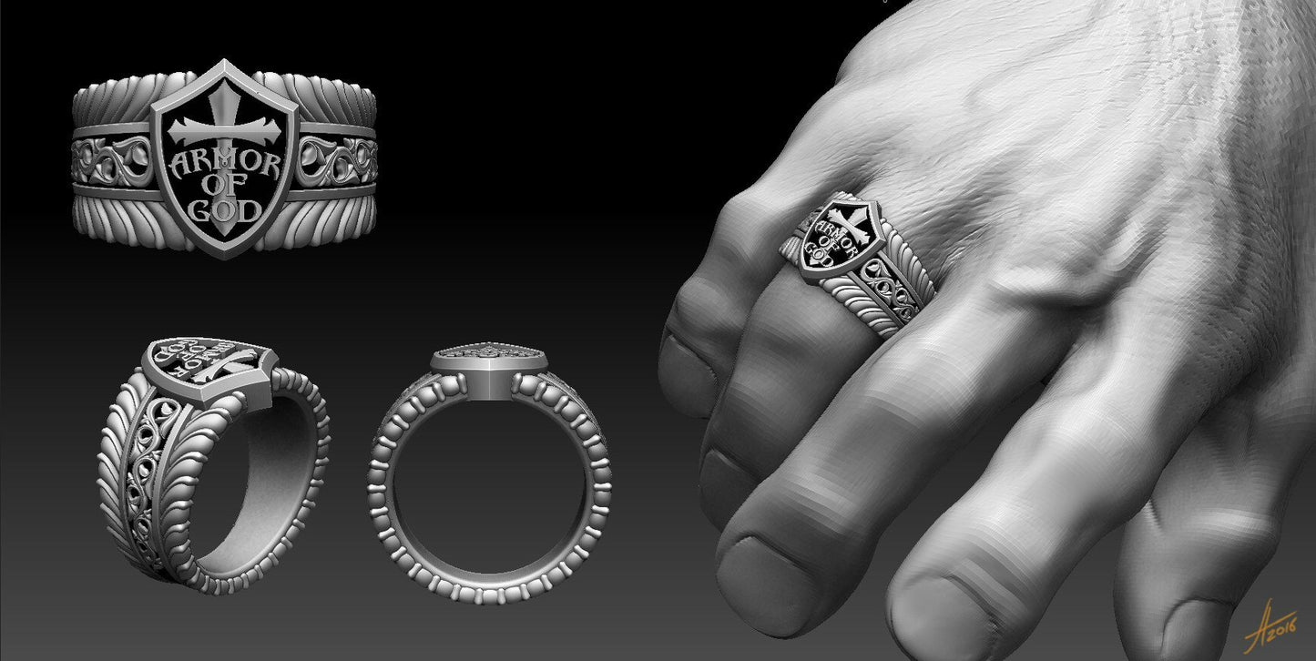 Gents' Armor Of God Shield Ring Stainless Steel Motorcycle Jewelry