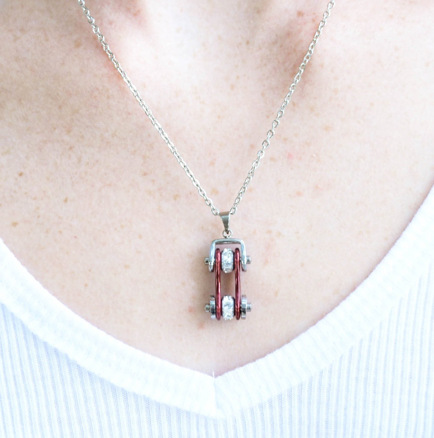 Women's Bike Chain Pendant Silver Candy Red Crystal Bling Necklace 19" Stainless Steel Motorcycle Jewelry