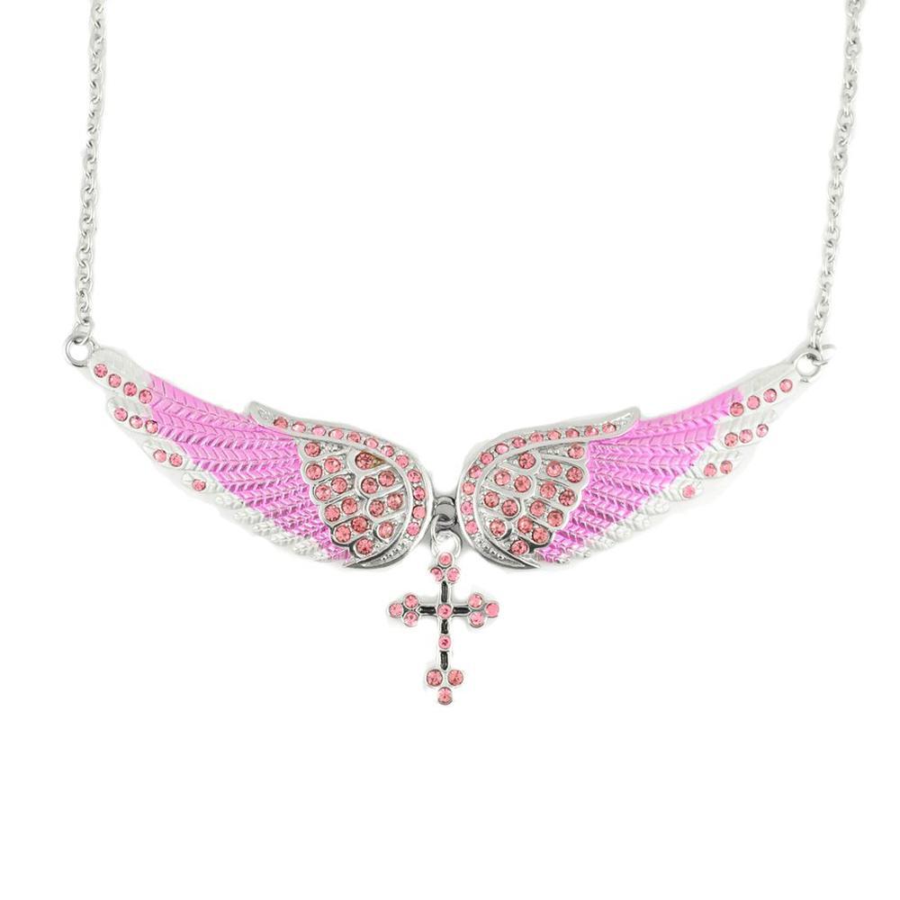 Large Pink Painted Winged Necklace with Cross Pink Imitation Crystals