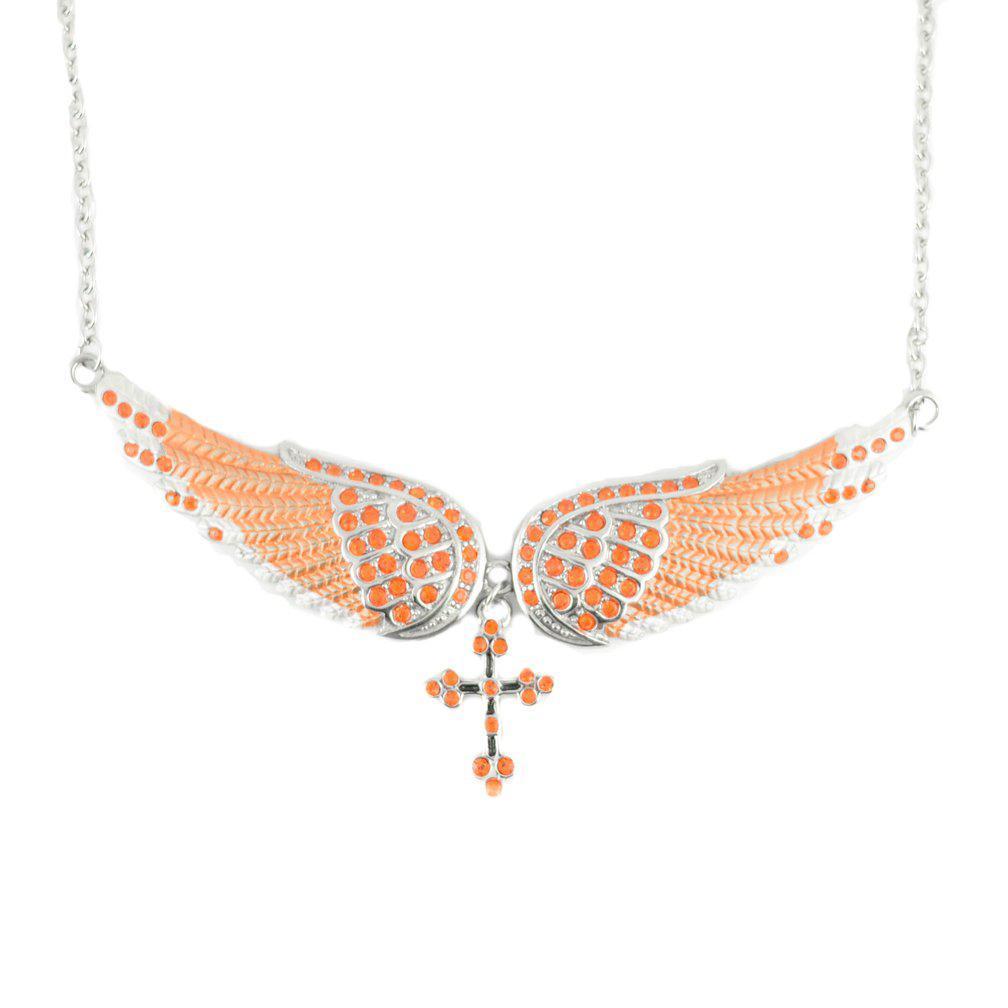 Orange Painted Winged Necklace with Cross Orange Imitation Crystals