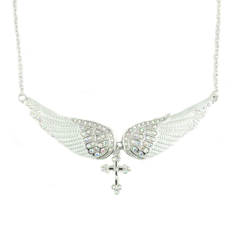White Painted Winged Necklace with Cross White Imitation Crystals