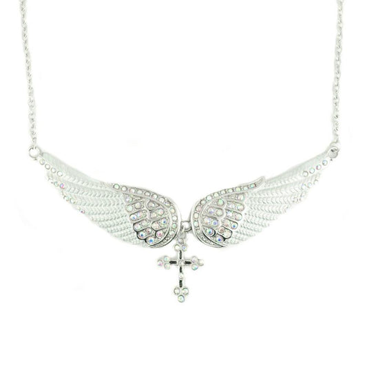 White Painted Winged Necklace with Cross White Imitation Crystals