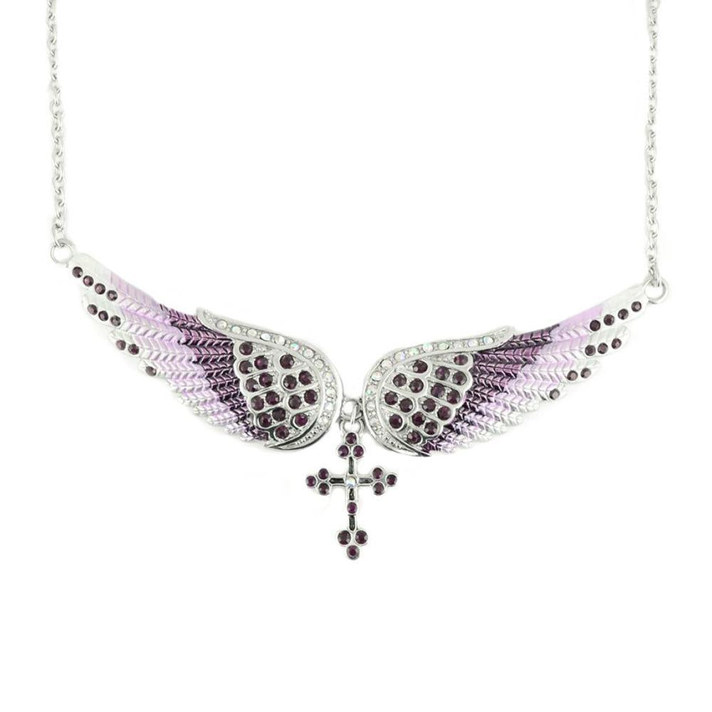 Purple Painted Winged Necklace with Cross Purple Imitation Crystals