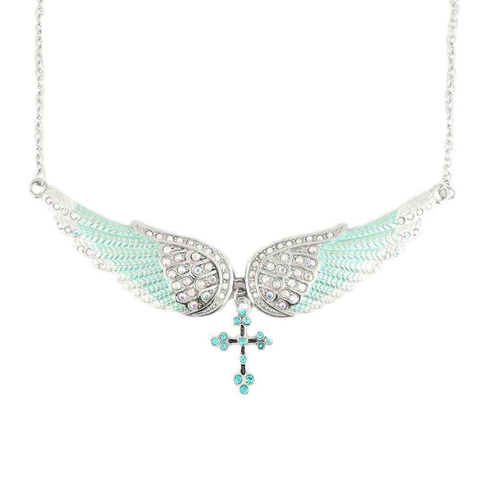 Seafoam Green Painted Winged Necklace with Cross White Imitation Crystals