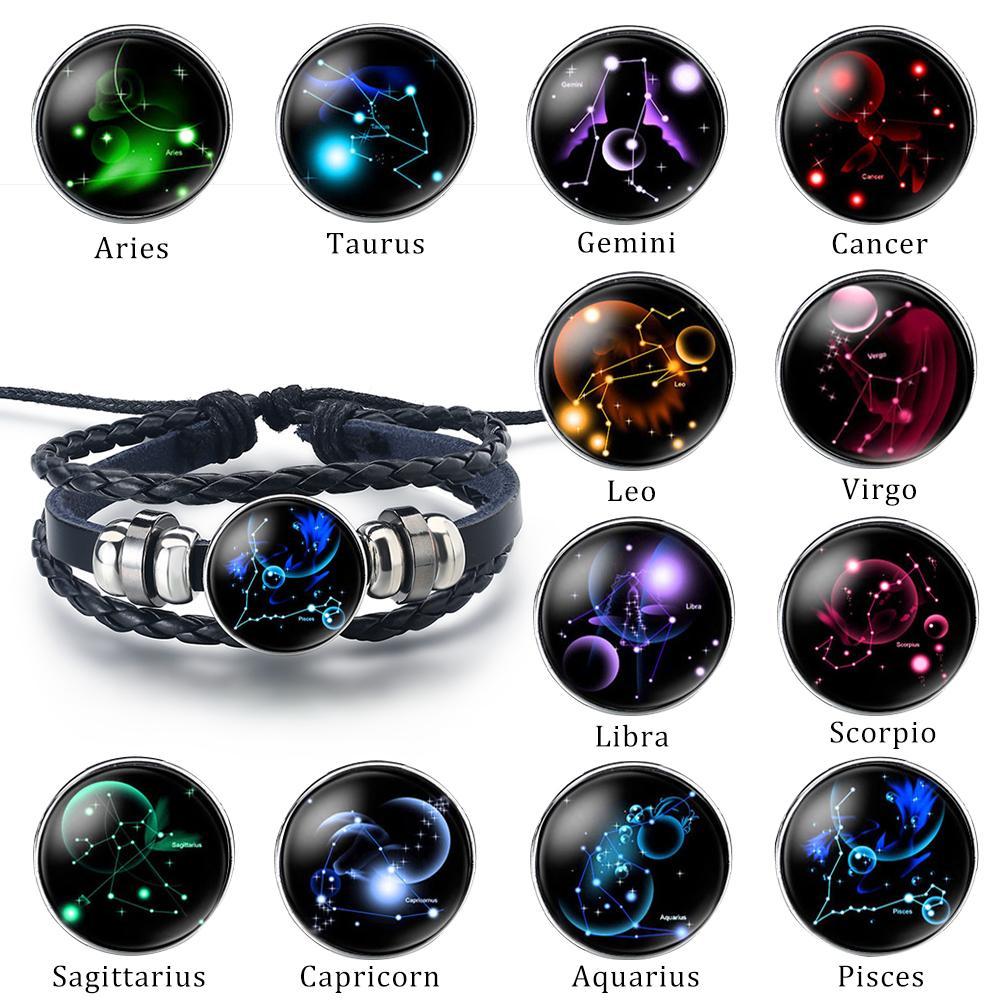 12 Zodiac Signs Charm Leather Bracelet