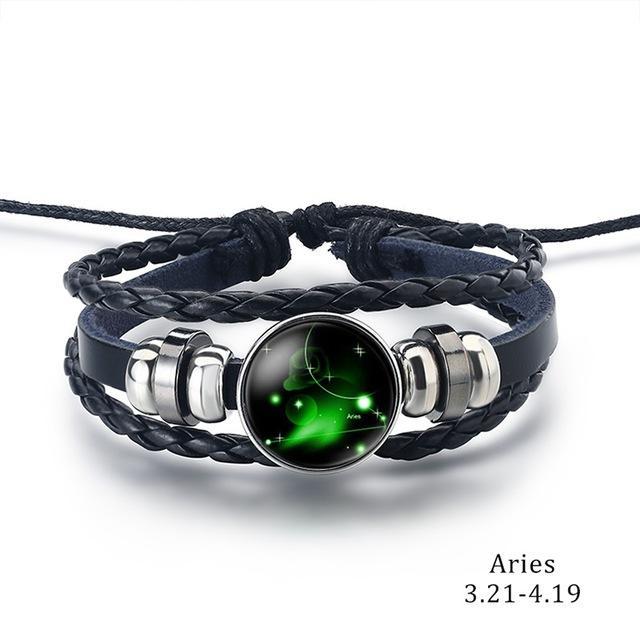 12 Zodiac Signs Charm Leather Bracelet