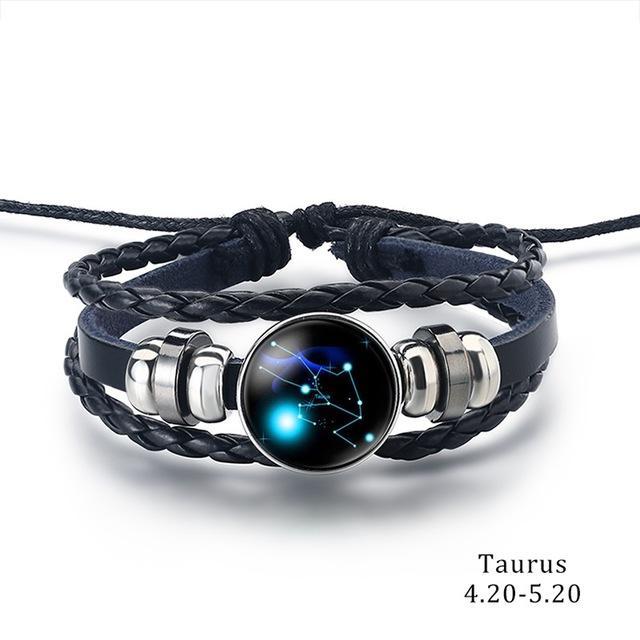 12 Zodiac Signs Charm Leather Bracelet