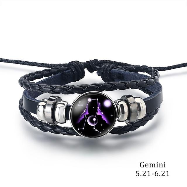 12 Zodiac Signs Charm Leather Bracelet