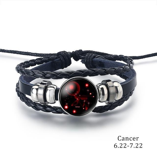 12 Zodiac Signs Charm Leather Bracelet