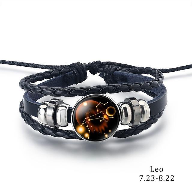 12 Zodiac Signs Charm Leather Bracelet