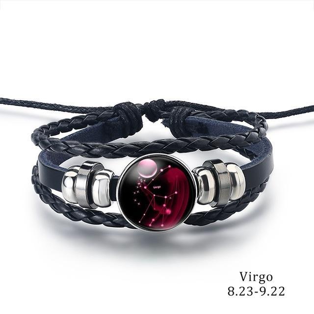 12 Zodiac Signs Charm Leather Bracelet