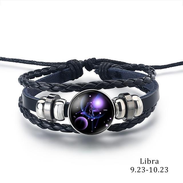 12 Zodiac Signs Charm Leather Bracelet