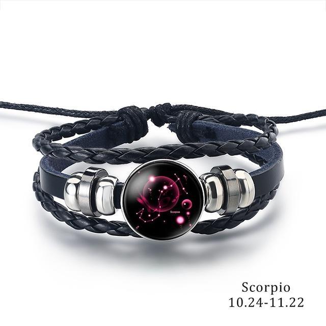 12 Zodiac Signs Charm Leather Bracelet