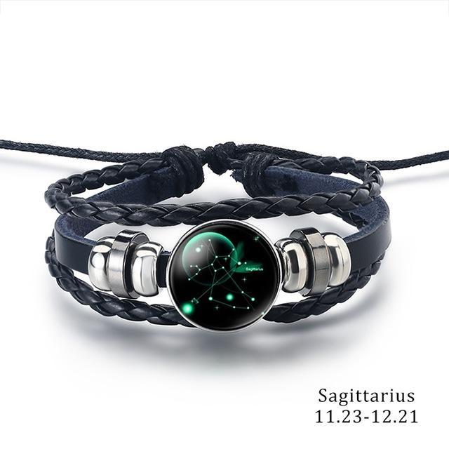 12 Zodiac Signs Charm Leather Bracelet