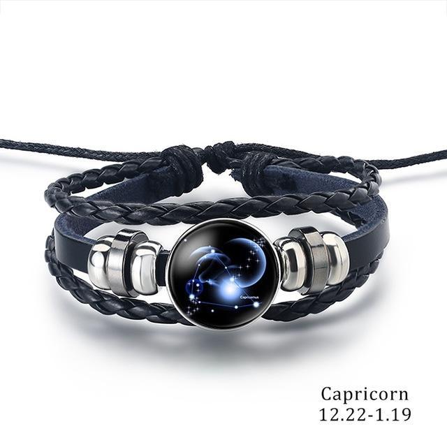 12 Zodiac Signs Charm Leather Bracelet