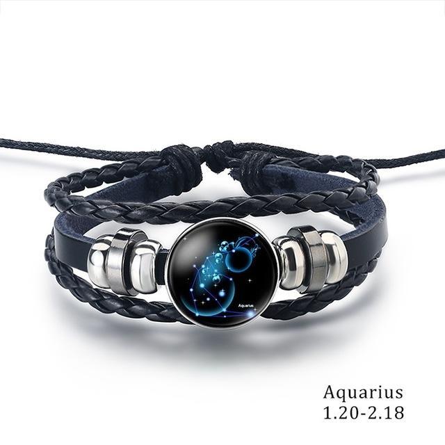 12 Zodiac Signs Charm Leather Bracelet