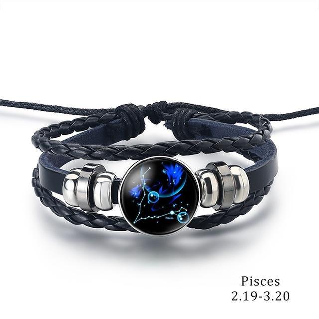 12 Zodiac Signs Charm Leather Bracelet