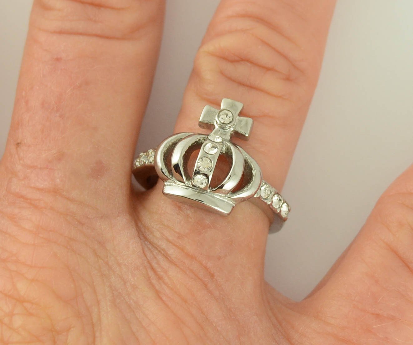 Women's Imitation Diamond Crown with Cross Ring Stainless Steel Motorcycle Jewelry