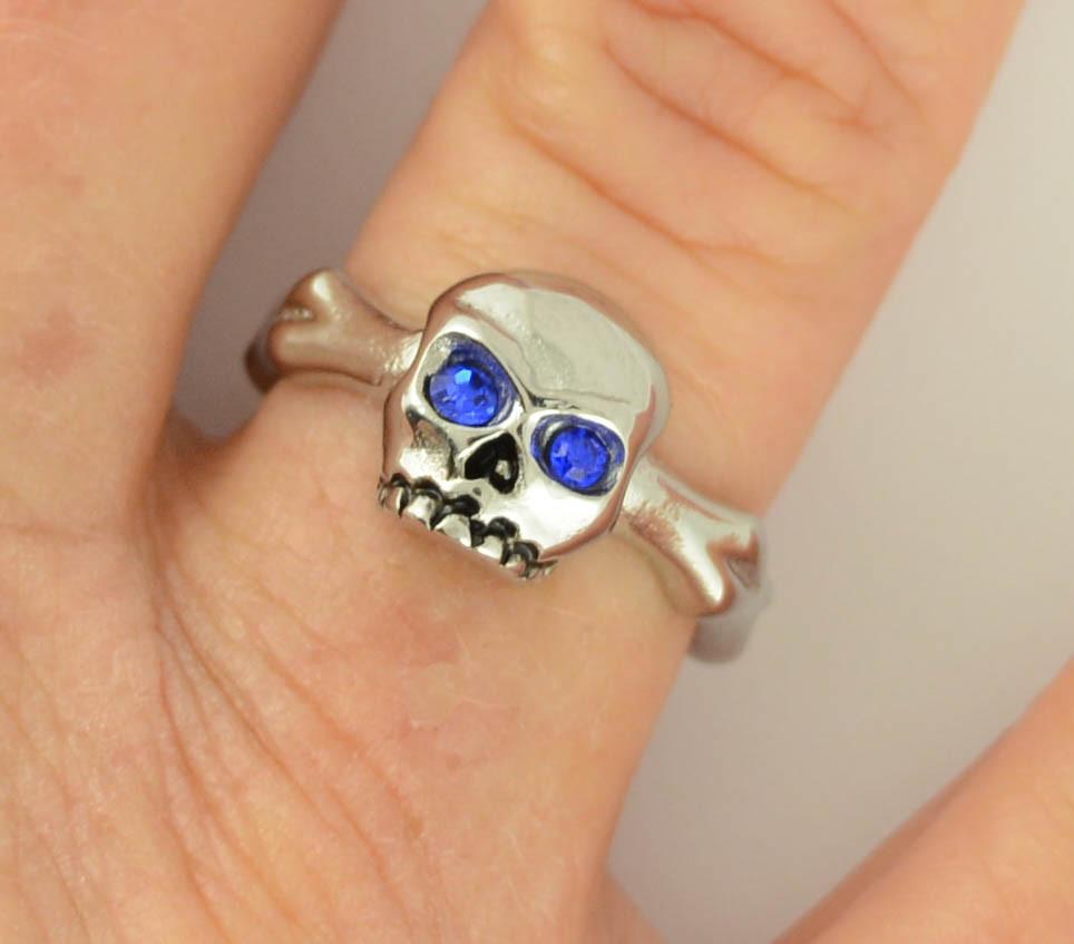 Women's Blue Eyed Bones Ring Stainless Steel Motorcycle Jewelry Sizes 5 9